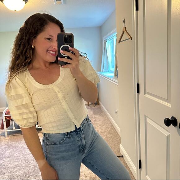 Sea New York Cream Pointelle Puff Sleeve Blouse Top Small - Picture 3 of 9